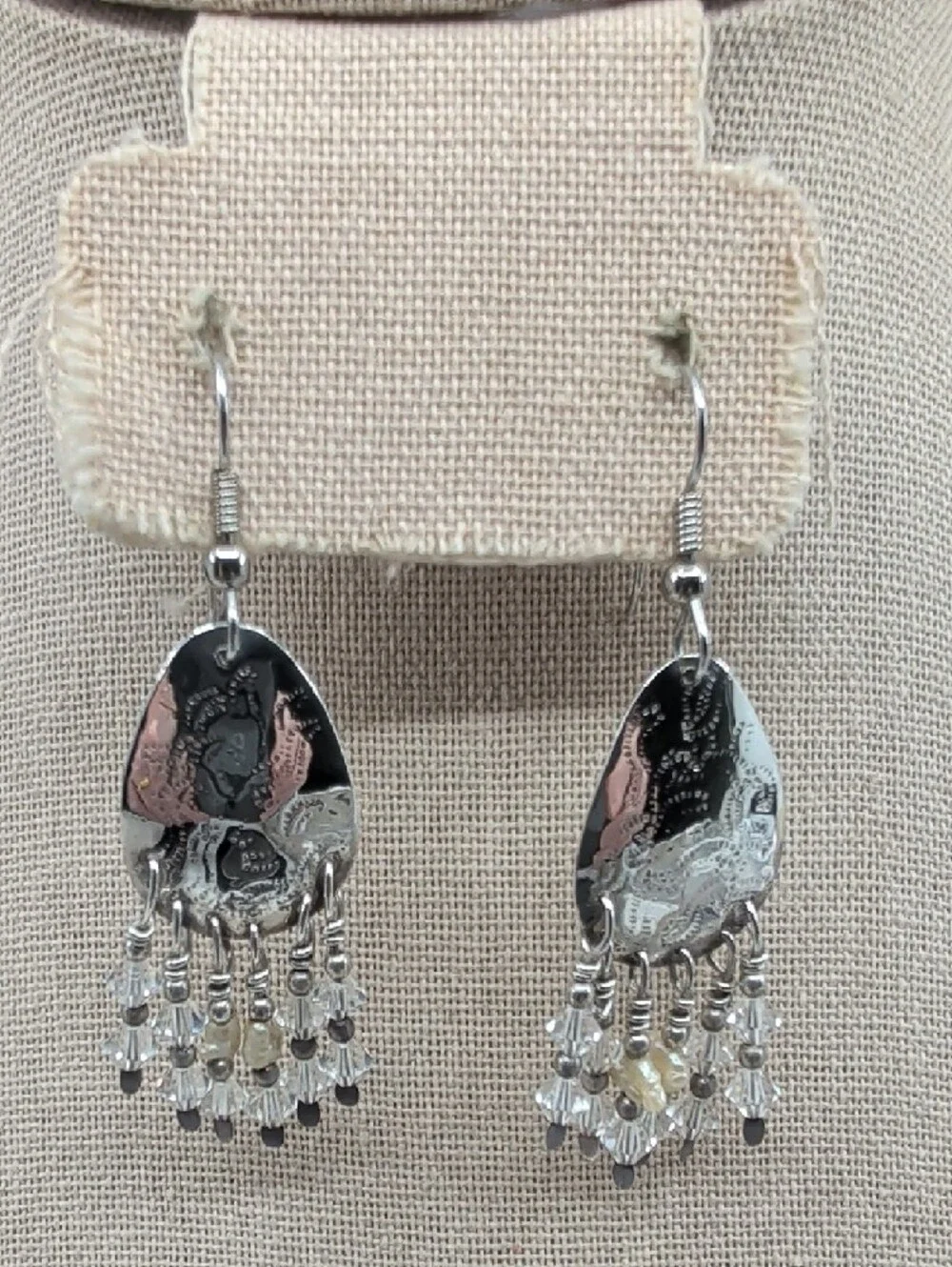 Vintage Artisan Hammered Silver Chandelier Earrings Crystal Bead Fringe 2.5